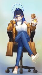 Rule 34 | 1girl, absurdres, blue eyes, blue hair, chair, crossed legs, denim, food, full body, glasses, hair intakes, highres, hololive, hololive english, jeans, long hair, long sleeves, looking at viewer, ouro kronii, pants, sandwich, shirt, sitting, solo, tenescross, virtual youtuber, white shirt