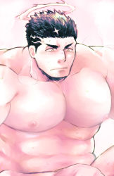 Rule 34 | 1boy, bad id, bad pixiv id, bara, black hair, blush, completely nude, facial hair, halo, large pectorals, looking down, male focus, muscular, muscular male, nipples, nude, out-of-frame censoring, pectoral focus, pectorals, po fu, short hair, simple background, solo, stubble, tokyo houkago summoners, upper body, water, yellow eyes, zabaniyya (housamo)