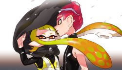 Rule 34 | 1boy, 1girl, agent 3 (splatoon), agent 8 (splatoon), black cape, black shirt, blunt bangs, cape, commentary, gradient background, gradient hair, green hair, grey background, hetero, holding hands, inkling, inkling girl, inkling player character, long hair, long sleeves, mohawk, multicolored hair, nintendo, octoling, octoling player character, orange eyes, orange hair, pointy ears, red hair, shirt, short hair, sleeveless, sleeveless shirt, splatoon (series), splatoon 1, splatoon 2, splatoon 2: octo expansion, squidbeak splatoon, suction cups, tentacle hair, torn cape, torn clothes, vest, wind, yellow vest, yeneny, zipper