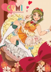 Rule 34 | 1girl, blush, boots, bow, bowtie, breasts, character name, commentary request, crop top, feet out of frame, flower, frills, goggles, goggles on head, green eyes, green hair, gumi, happy, headset, heart, highres, looking at viewer, medium breasts, open mouth, orange skirt, orange vest, red-tinted eyewear, red bow, red bowtie, red goggles, short hair, skirt, solo, teeth, tinted eyewear, tomoyami, upper teeth only, vest, vocaloid, white footwear, wrist cuffs