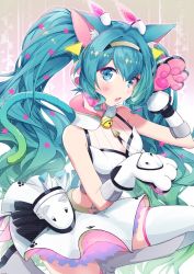 Rule 34 | 1girl, adapted costume, agonasubi, animal ears, animal hands, aqua hair, bell, blue eyes, blush, cat ears, cat girl, cat tail, fang, galaxy live (vocaloid), gloves, gradient tail, hatsune miku, highres, jingle bell, kemonomimi mode, neck bell, paw gloves, skin fang, solo, tail, twintails, vocaloid