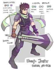Rule 34 | 1boy, armband, battle tendency, boots, brown hair, clothing cutout, cosplay, crisis core final fantasy vii, crossover, emeraudolupus, final fantasy, final fantasy vii, fingerless gloves, gloves, green scarf, highres, holding, holding sword, holding weapon, jojo no kimyou na bouken, joseph joestar, joseph joestar (young), materia, parody, scarf, shoulder pads, solo, spiked hair, striped clothes, striped scarf, suspenders, sword, weapon, zack fair, zack fair (cosplay)