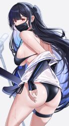 Rule 34 | 1girl, absurdres, ass, azur lane, bikini, black bikini, black gloves, black hair, black mask, blue hair, breasts, colored inner hair, ear piercing, elbow gloves, fingerless gloves, from behind, gloves, guitar, halterneck, highres, instrument, jacket, large breasts, long hair, looking at viewer, looking back, mask, microphone, mole, mole under eye, mouth mask, multicolored hair, no pants, nuebunny, official alternate costume, one side up, open clothes, open jacket, piercing, red eyes, see-through, see-through jacket, side-tie bikini bottom, sideboob, simple background, solo, string bikini, swimsuit, thigh strap, west virginia (azur lane), west virginia (retrofit) (azur lane), west virginia (scenic rhapsody) (azur lane), white background