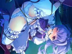 Rule 34 | 1girl, angry, ass, bdsm, blush, bondage, bound, busou shoujotai blade briders, cable, clenched teeth, gagged, game cg, high heels, legs, long hair, looking at viewer, microphone, min-naraken, panties, ponytail, purple hair, red eyes, solo, spread legs, teeth, thighs, underwear, white legwear, wince