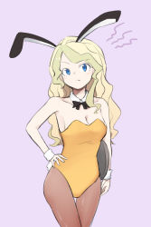 Rule 34 | 10s, 1girl, alternate costume, animal ears, blonde hair, blue eyes, bow, bowtie, breasts, brown pantyhose, cleavage, cowboy shot, detached collar, diana cavendish, fake animal ears, frown, hand on own hip, head tilt, leotard, little witch academia, multicolored hair, pantyhose, pink background, playboy bunny, rabbit ears, rabbit tail, simple background, solo, swept bangs, tail, two-tone hair, v-shaped eyebrows, wavy hair, wrist cuffs