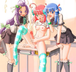 Rule 34 | 3girls, ahoge, artist request, black socks, blouse, blue eyes, blue hair, blush, book, bottomless, bracelet, breasts, camera phone, cellphone, character request, classroom, clothes lift, covered erect nipples, covering own mouth, cum, desk, ejaculation, erection, feet, female ejaculation, female orgasm, futa with female, futanari, green eyes, grey shirt, hair ornament, hair ribbon, hairclip, hand to own mouth, humiliation, jewelry, kneehighs, long hair, low-tied long hair, masturbation, matching hair/eyes, medium breasts, miniskirt, multiple girls, navel, nipples, no bra, no panties, no testicles, one eye closed, open mouth, orgasm, penis, phone, pink hair, projectile cum, public indecency, purple eyes, purple hair, pussy, pussy juice, red hair, ribbon, school, school uniform, serafuku, shirt, shirt lift, shoes, sitting, skirt, smile, socks, source request, spread legs, standing, standing on one leg, striped clothes, striped legwear, striped thighhighs, swept bangs, tears, thighhighs, uncensored, white shirt, wink