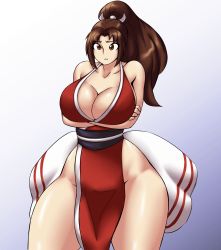 Rule 34 | 1girl, absurdres, breasts, brown eyes, brown hair, cleavage, curvy, fatal fury, highres, huge breasts, kyelyn, long hair, ponytail, pout, shiranui mai, solo, thick thighs, thighs, wide hips