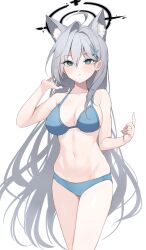 Rule 34 | 1girl, absurdres, ahoge, animal ear fluff, animal ears, bare arms, bare shoulders, bikini, blue archive, blue bikini, breasts, cleavage, closed mouth, cowboy shot, expressionless, extra ears, fox ears, goyain, green eyes, grey hair, hair ornament, hairclip, halo, halterneck, hand up, highres, large breasts, long hair, looking at viewer, mismatched pupils, navel, shiroko (blue archive), shiroko terror (blue archive), simple background, solo, stomach, string bikini, swimsuit, thighs, very long hair, white background