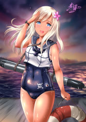 Rule 34 | 1girl, blonde hair, blue eyes, blush, bracelet, breasts, collarbone, covered navel, cowboy shot, crop top, dated, evening, flower, hair between eyes, hair flower, hair ornament, highres, holding, japanese flag, jewelry, kantai collection, kasugano tobari, lifebuoy, long hair, looking at viewer, one-piece swimsuit, one-piece tan, open mouth, ro-500 (kancolle), sailor collar, salute, school swimsuit, school uniform, serafuku, sidelocks, signature, small breasts, smile, solo, swim ring, swimsuit, swimsuit under clothes, tan, tanline, tearing up, torpedo, wet, wristband