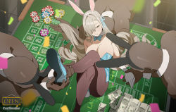 Rule 34 | 1girl, 3boys, animal ears, artist name, asuna (blue archive), asuna (bunny) (blue archive), bad id, bad pixiv id, bald, blue archive, blue footwear, blue ribbon, bow, bowtie, breasts, brown hair, brown pantyhose, casino, cleavage, commentary, dark-skinned male, dark skin, english commentary, fake animal ears, feet, gloves, hair over one eye, hair ribbon, hetero, highres, large breasts, leotard, long hair, mole, mole on breast, money, multiple boys, o&#039;cal education, pantyhose, playboy bunny, rabbit ears, rabbit tail, ribbon, shoes, smile, tail, traditional bowtie, white gloves
