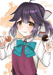 Rule 34 | 1girl, 9610 (kuroto), black hair, brown hair, cookie, dated, food, gradient background, hair ribbon, halterneck, hayanami (kancolle), highres, holding, kantai collection, long hair, one-hour drawing challenge, ponytail, ribbon, school uniform, shirt, sidelocks, solo, tongue, tongue out, upper body, white ribbon, white shirt