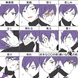 Rule 34 | 1boy, black sweater, blush, collared shirt, crying, expression chart, highres, lobotomy corporation, looking at viewer, mu46016419, multiple views, necktie, open mouth, project moon, purple hair, purple necktie, ribbed sweater, shaded face, shirt, smile, sparkle, surprised, sweater, turtleneck, turtleneck sweater, white shirt, yellow eyes, yesod (project moon)