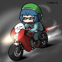 Rule 34 | 1girl, bad id, bad pixiv id, blue hair, blush, boots, brown footwear, brown gloves, cross-laced footwear, gloves, hair bobbles, hair ornament, hat, inunoko., kawashiro nitori, lace-up boots, motor vehicle, motorcycle, open mouth, solo, sunglasses, touhou, twintails, two side up, vehicle