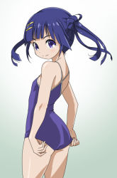 Rule 34 | 10s, 1girl, adjusting clothes, adjusting swimsuit, ass, back, bad id, bad pixiv id, blue eyes, blue hair, blue one-piece swimsuit, blunt bangs, closed mouth, competition school swimsuit, cowboy shot, flat ass, flat chest, from behind, from side, gradient background, green background, grey background, hair bun, hair ornament, hairclip, kusanagi yuma, light smile, long hair, looking at viewer, looking back, matching hair/eyes, one-piece swimsuit, purple eyes, purple one-piece swimsuit, purple school swimsuit, rohitsuka, school swimsuit, simple background, single hair bun, smile, solo, soushin shoujo matoi, standing, swimsuit, twintails, white background