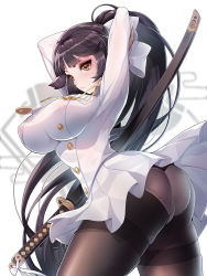 Rule 34 | 1girl, arms behind head, arms up, ass, azur lane, black hair, black pantyhose, breasts, clothes lift, covered erect nipples, dress, eyelashes, from side, highres, katana, koflif, large breasts, legs apart, looking at viewer, panties, panties under pantyhose, pantyhose, ponytail, see-through, see-through legwear, skindentation, skirt, skirt lift, solo, sword, takao (azur lane), thick thighs, thighs, underwear, weapon, white dress, yellow eyes