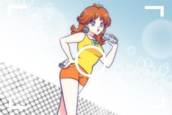 Rule 34 | 1girl, alternate costume, bare shoulders, blue eyes, bottle, breasts, brown hair, camera, crown, day, earrings, fence, flower earrings, grin, hand on own hip, jewelry, looking at viewer, mario (series), mario tennis, nintendo, open mouth, princess daisy, recording, shorts, smile, tomboy, water bottle