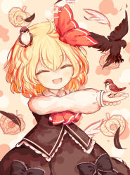 Rule 34 | 1girl, ahoge, animal, animal on head, ascot, bird, bird on hand, bird on head, black bow, black skirt, black vest, blonde hair, blush, bow, chinese lantern (plant), closed eyes, collared shirt, hair ribbon, highres, long sleeves, on head, open mouth, red ascot, red ribbon, ribbon, ro.ro, rumia, shirt, short hair, skirt, smile, solo, sparrow, touhou, vest, white shirt
