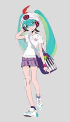 Rule 34 | 1girl, aqua hair, bag, beanie, blue eyes, blue socks, bracelet, closed mouth, collared shirt, creatures (company), full body, game freak, gloves, green hair, grey background, grey skirt, hair between eyes, hair ribbon, hand on headphones, hand up, hat, hatsune miku, headphones, highres, hiroyukiiii1, jewelry, long hair, looking at viewer, multicolored hair, nintendo, piano print, plaid, plaid skirt, pleated skirt, pokemon, polo shirt, project voltage, psychic miku (project voltage), red ribbon, ribbon, shirt, shoes, short sleeves, shoulder bag, simple background, single glove, skirt, smile, sneakers, socks, solo, twintails, very long hair, vocaloid, walking, white footwear, white gloves, white hat, white shirt