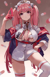 Rule 34 | 1girl, absurdres, azur lane, breasts, breasts apart, buttons, center opening, choker, cross, feipin zhanshi, gloves, gradient background, hair ornament, hair ribbon, half gloves, hand on own hip, hat, highres, holding, holding syringe, id card, large breasts, long hair, looking at viewer, nurse, nurse cap, perseus (azur lane), perseus (unfamiliar duties) (azur lane), pill, pink eyes, pink gloves, pink hair, ribbon, simple background, solo, syringe, thighhighs, twintails, white hat, white thighhighs, zipper