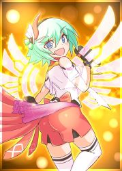 Rule 34 | 1girl, alternate costume, ass, azure striker gunvolt, azure striker gunvolt 2, bare shoulders, blue eyes, blush, breasts, cougar (cougar1404), from behind, gloves, green hair, hairband, horns, looking at viewer, microphone, open mouth, roro (gunvolt), shiny clothes, shiny skin, short hair, shorts, sideboob, single horn, smile, solo, thighhighs, waist cape, wings