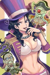 Rule 34 | 1girl, 2boys, alvida (one piece), black gloves, black hair, bow, bowtie, bracelet, breasts, buggy the clown, chibi, cleavage, clown nose, crossed arms, facial hair, facial mark, floating hair, full body, galdino, glasses, gloves, hair between eyes, hat, heart, highres, jewelry, jolly roger, large breasts, lipstick, long hair, looking to the side, makeup, midriff, multiple boys, narrow waist, necklace, one piece, pearl bracelet, pearl necklace, pirate hat, rebanira kaisan, red bow, red bowtie, red lips, red nose, short hair, skull and crossbones, smile, teeth, top hat, v-shaped eyebrows