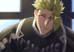 Rule 34 | 1boy, achilles (fate), armor, blurry, blurry foreground, closed mouth, facial hair, fate/apocrypha, fate (series), gauntlets, green hair, haruakira, highres, light particles, looking at viewer, male focus, mature male, short hair, sideburns, sideburns stubble, sidelighting, smile, solo, stubble, undercut, upper body, window, yellow eyes