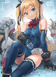 Rule 34 | 1girl, absurdres, azur lane, bare shoulders, black footwear, black gloves, black ribbon, blonde hair, blue eyes, blue leotard, blue one-piece swimsuit, blue thighhighs, bow, bowtie, breasts, dead or alive, dead or alive 5, detached sleeves, eyes visible through hair, fake screenshot, gloves, hair ribbon, highres, joeychen, knee up, leotard, long hair, long sleeves, looking at viewer, marie rose, medium breasts, one-piece swimsuit, puddle, red bow, religious offering, ribbon, sitting, smile, solo, swimsuit, thighhighs, thighs, twintails, weapon