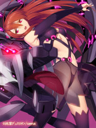 Rule 34 | 1girl, black thighhighs, copyright name, dragon, glowing, glowing eyes, junketsu duelion, long hair, mecha musume, mistre haddad, navel, official art, open mouth, pink eyes, red hair, see-through, solo, thighhighs, tongue, watermark, yangsion
