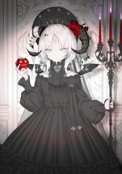Rule 34 | 1girl, absurdres, apple, ascot, bandaged horn, black ascot, black dress, black hat, bonnet, candle, candlestand, commentary, demon horns, dress, facial mark, fire, flower, food, fruit, hat, hat flower, highres, holding, holding food, holding fruit, horns, indoors, kotarou (kot mochi), long hair, long sleeves, looking at viewer, original, parted bangs, plant, puffy sleeves, purple fire, red flower, red rose, rose, slit pupils, solo, upper body, very long hair, vines, white eyes, white hair