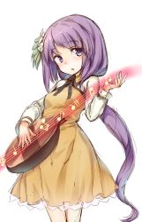 Rule 34 | 1girl, beamed quavers, biwa lute, cowboy shot, crotchet, flower, hair flower, hair ornament, highres, instrument, leaf hair ornament, long hair, long sleeves, looking at viewer, lute (instrument), music, musical note, oborofu, open mouth, playing instrument, purple eyes, purple hair, quaver, sharp sign, simple background, solo, staff (music), standing, touhou, treble clef, tsukumo benben, very long hair, white background