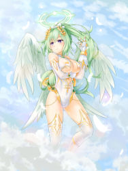Rule 34 | 1girl, absurdres, angel, angel wings, blush, breasts, feathered wings, feathers, four goddesses online: cyber dimension neptune, green hair, green heart (neptunia), highres, kazuneko (wktk1024), large breasts, long hair, looking at viewer, neptune (series), ponytail, power symbol, power symbol-shaped pupils, purple eyes, revision, smile, solo, symbol-shaped pupils, vert (neptunia), very long hair, white wings, wings