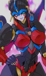 Rule 34 | 1girl, autobot, blue eyes, breasts, flame toys, flame toys windblade, hand on own hip, highres, kasaki yoshihiko, looking at viewer, mecha, mechanical wings, medium breasts, one eye closed, parted lips, pink lips, robot, smile, solo, transformers, windblade, wings