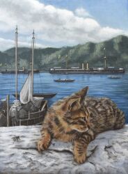 Rule 34 | absurdres, acrylic paint (medium), animal focus, atoriebono, bug, cat, cloud, commentary request, fly, highres, insect, military, military vehicle, original, painting (medium), sampan, scenery, ship, traditional media, turret, warship, watercraft, zhenyuan (battleship)