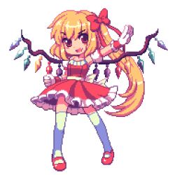Rule 34 | 1girl, bad id, bad pixiv id, blonde hair, bow, dress, fang, female focus, flandre scarlet, gloves, hair bow, kou 2008, long hair, lowres, mary janes, pixel art, shoes, side ponytail, smile, solo, thighhighs, touhou, white thighhighs, wings, zettai ryouiki