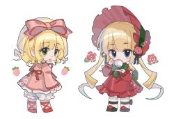 Rule 34 | 2girls, black footwear, blonde hair, bloomers, blue eyes, blush, bonnet, bow, bowtie, chibi, chibi only, covered mouth, cup, dress, drill hair, drinking, flower, frilled bloomers, frilled dress, frilled sleeves, frills, full body, green bow, green bowtie, green eyes, hair bow, hat, hat flower, heart, highres, hinaichigo, holding, holding cup, holding saucer, juliet sleeves, long hair, long sleeves, looking at viewer, multiple girls, open mouth, pantyhose, pink bow, pink dress, puffy sleeves, red dress, red footwear, red hat, rozen maiden, saucer, shinku, short hair, simple background, standing, teacup, twin drills, underwear, waguxuyalian, white background, white bloomers, white pantyhose