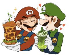 Rule 34 | 2boys, blue overalls, brothers, brown hair, burger, cropped torso, closed eyes, facial hair, flag, food, gloves, green headwear, green shirt, heart, highres, holding, holding food, long sleeves, luigi, male focus, mario, mario (series), mimimi (mimimim9999), multiple boys, mustache, nintendo, open mouth, overalls, red headwear, red shirt, saliva, saliva trail, shirt, short hair, siblings, simple background, smile, star (symbol), super mario bros. 1, symbol-only commentary, white background, white gloves