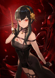 Rule 34 | 1girl, absurdres, arm at side, bare shoulders, black gloves, black hair, black thighhighs, blood, blood on breasts, blood on face, breasts, cleavage, closed mouth, commentary, covered navel, dagger, dress, fingerless gloves, floral print, flower, furrowed brow, gloves, gold hairband, hair flower, hair ornament, hairband, hand up, highres, holding, holding dagger, holding knife, holding weapon, knife, kylin (leilla8775), large breasts, long hair, looking at viewer, off-shoulder dress, off shoulder, red background, red lips, rose, rose print, sidelocks, solo, spikes, spy x family, stiletto (weapon), taut clothes, taut dress, thighhighs, two-sided dress, two-sided fabric, weapon, yor briar, zettai ryouiki