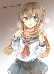 Rule 34 | 10s, 1girl, :d, bad id, bad pixiv id, black skirt, brown eyes, brown hair, folded ponytail, gradient background, inazuma (kancolle), kantai collection, long hair, long sleeves, loose necktie, midori miyako, necktie, open mouth, sailor collar, scarf, skirt, smile, solo, twitter username, uniform