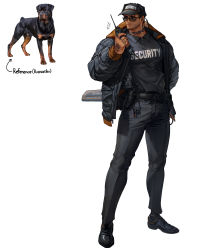 Rule 34 | 1boy, absurdres, belt, black belt, black coat, black footwear, black hat, black pants, black shirt, coat, dog, facial hair, full body, hand up, hat, highres, long sleeves, male focus, original, pants, personification, print headwear, print shirt, rinotuna, rottweiler, security guard, shirt, shirt tucked in, shoes, simple background, smile, solo, standing, stubble, sunglasses, tattoo, walkie-talkie, white background
