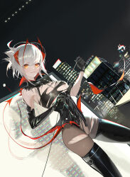 Rule 34 | + +, 1girl, ambience synesthesia, arknights, asymmetrical gloves, bare shoulders, black footwear, black leotard, boots, breasts, brown pantyhose, building, city, cleavage, da (datako), demon girl, demon horns, demon tail, dutch angle, elbow gloves, gloves, grey hair, highres, holding, horns, leotard, looking at viewer, medium breasts, multicolored hair, night, night sky, nipples, official alternate costume, outdoors, pantyhose, parted lips, red hair, see-through, short hair, single elbow glove, sky, smile, solo, standing, tail, thigh boots, torn clothes, torn leotard, torn pantyhose, two-tone hair, w (arknights), w (wanted) (arknights), yellow eyes