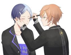 Rule 34 | 2boys, aoyagi touya, applying makeup, blonde hair, blue hair, closed eyes, closed mouth, commentary request, dark blue hair, earrings, fingernails, green eyes, hair ornament, hairclip, hand on another&#039;s face, highres, holding, hoop earrings, jacket, jewelry, lapels, long sleeves, looking at another, male focus, multicolored hair, multiple boys, notched lapels, open clothes, open jacket, orange hair, project sekai, shinonome akito, short hair, simple background, split-color hair, streaked hair, stud earrings, two-tone hair, upper body, white background, yk62