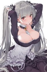 Rule 34 | 1girl, arms up, azur lane, black bow, black dress, bow, breasts, cleavage, closed mouth, commentary request, detached collar, dress, formidable (azur lane), frilled dress, frills, grey hair, hair bow, large breasts, long hair, long sleeves, looking at viewer, nauribon, red eyes, simple background, solo, sweat, twintails, upper body, very long hair, white background