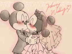 Rule 34 | blush, chico110, disney, dress, jewelry, kiss, looking at another, mickey mouse, minnie mouse, mouse (animal), pink background, ring, standing, wedding, wedding band, wedding dress