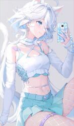 Rule 34 | 1girl, absurdres, alternate costume, animal ears, bandaid, bandaid on shoulder, blue eyes, blue hair, blue nails, blue skirt, cat ears, cellphone, commentary, crop top, fishnet pantyhose, fishnets, furina (genshin impact), genshin impact, highres, jewelry, long hair, minzu u, multicolored hair, multiple rings, pantyhose, phone, pleated skirt, ponytail, ring, shirt, skirt, smartphone, solo, streaked hair, swept bangs, symbol-only commentary, thigh strap, white hair, white shirt