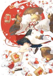 Rule 34 | 1girl, animal ears, black skirt, blonde hair, chinese zodiac, clog sandals, commentary, from side, hair ornament, hairclip, hammer, haori, high-waist skirt, holding, holding hammer, japanese clothes, japanese flag, jumping, long sleeves, mouse (animal), mouse ears, neck ribbon, original, parted lips, pleated skirt, red ribbon, ribbon, sandals, short hair, skirt, solo, suspender skirt, suspenders, tabi, tassel, wasabi60, white legwear, wide sleeves, year of the rat, zouri