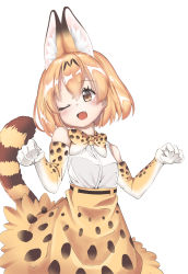 Rule 34 | 1girl, absurdres, animal ears, animal ears (norankkori), blonde hair, blush, bow, bowtie, elbow gloves, fang, gloves, highres, kemono friends, multicolored hair, one eye closed, paw pose, serval (kemono friends), serval print, serval tail, short hair, skirt, sleeveless, solo, tail, traditional bowtie