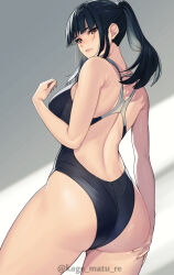 Rule 34 | 1girl, absurdres, ass, back cutout, bare arms, bare shoulders, black hair, black one-piece swimsuit, blunt bangs, blush, closed mouth, clothing cutout, commentary request, from behind, highres, kagematsuri, long hair, looking at viewer, looking back, mole, mole under eye, one-piece swimsuit, original, ponytail, solo, swimsuit, twitter username