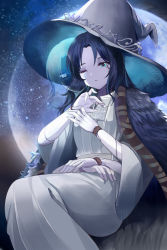 Rule 34 | 1girl, blue eyes, blue hair, blue skin, breasts, cloak, closed mouth, colored skin, cracked skin, dress, elden ring, extra arms, extra faces, fur cloak, hat, jewelry, joints, long hair, looking at viewer, moon, mujinbensin, night, one eye closed, own hands together, ranni the witch, sitting, sky, solo, star (sky), starry sky, white dress, witch, witch hat