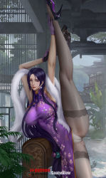 Rule 34 | 1girl, black hair, black pantyhose, breasts, china dress, chinese clothes, dress, earrings, fate/grand order, fate (series), female focus, gloves, goatwillow, gumroad username, high heels, highres, jewelry, large breasts, long hair, long legs, looking at viewer, minamoto no raikou (fate), panties, pantyhose, patreon logo, patreon username, purple eyes, purple footwear, purple gloves, solo, split, stretching, thighs, underwear, white panties