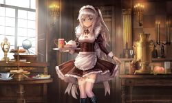Rule 34 | 1girl, 9a-91 (bullets cafe) (girls&#039; frontline), 9a-91 (girls&#039; frontline), apron, back bow, belt boots, black bow, black dress, black footwear, black skirt, blue eyes, boots, bow, breasts, candelabra, candle, candlelight, candlestand, cup, desk, disposable cup, dress, food, frills, fruit, garter straps, girls&#039; frontline, hair ornament, holster, lithium10mg, long bangs, long hair, long sleeves, looking at viewer, maid apron, maid headdress, neck ribbon, pastry, plate, ponytail, ribbon, serving, silver hair, skirt, sleeve cuffs, small breasts, sputnik, sunlight, table, teacup, teapot, thigh holster, thighhighs, tiered tray, tray, white thighhighs, window, zettai ryouiki